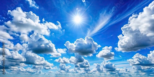 Blue sky with fluffy white clouds on a sunny day photo