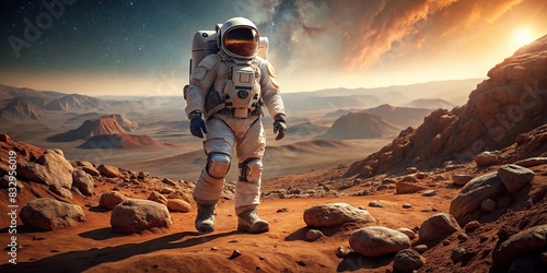 A space astronaut in a full spacesuit exploring the rocky terrain of planet Mars photo