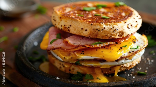 Egg Ham and Cheese Breakfast Sandwich on Toasted English Muffin photo