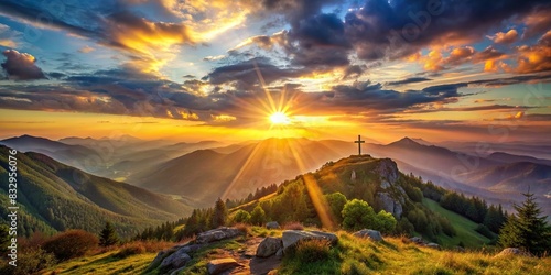 A serene landscape with the sun setting behind mountains, symbolizing the setting of Jesus delivering the Sermon on the Mount photo