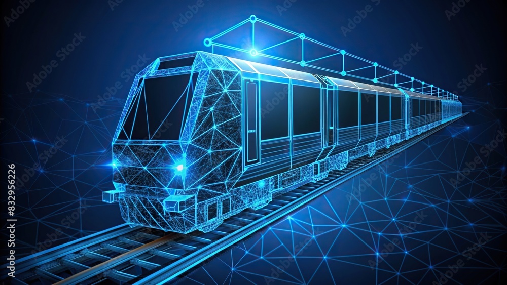 Wireframe Train Low poly wireframe train transport technology on isolated blue dark ...