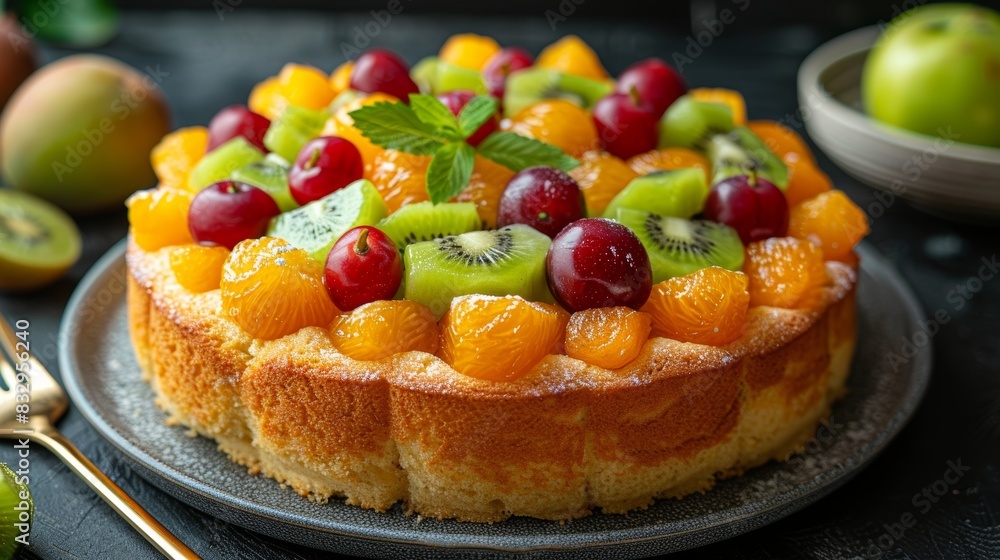 A delightful, freshly baked fruit cake topped with an array of vibrant and colorful fruits including kiwis, cherries, and oranges, perfect for any festive occasion A delightful, freshly baked fruit cake topped with an array of vibrant and colorful fruits including kiwis, cherries, and oranges, perfect for any festive occasion