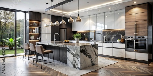 Modern designer kitchen with handleless cabinets  black glass appliances  marble island  and countertops