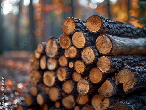 A detailed  close-up view of freshly cut logs stacked in a dense forest setting with a beautiful bokeh effect illustrating the serene environment