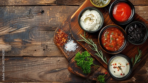 Assortment of sauces and dips on wooden backdrop photo