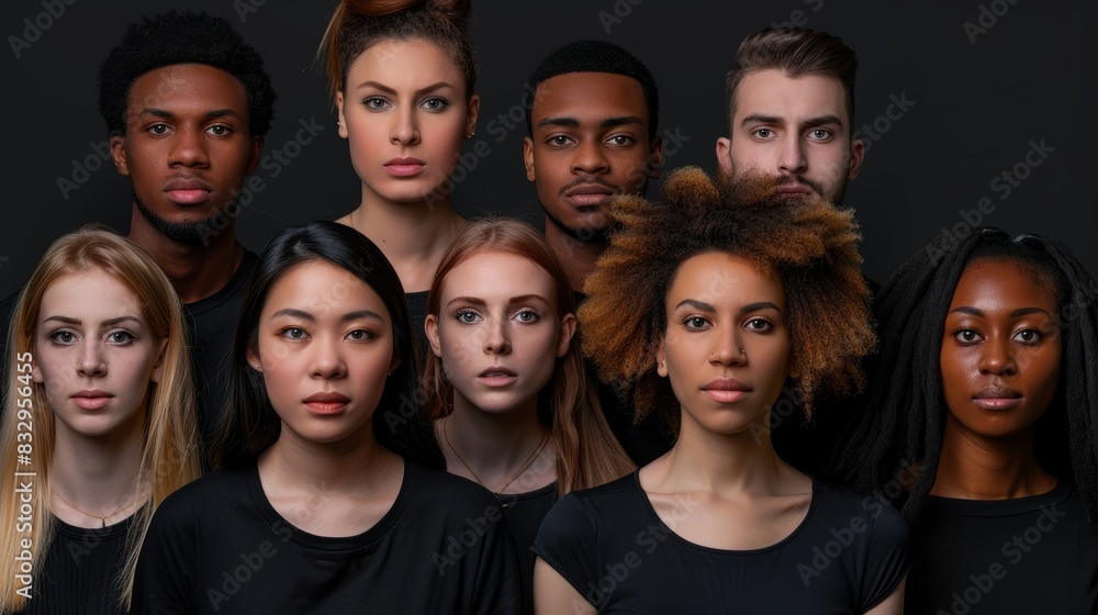 A diverse group of nine young adults with varying hairstyles and expressions stands against a dark background, portraying a strong visual representation of multicultural unity and individuality A diverse group of nine young adults with varying hairstyles and expressions stands against a dark background, portraying a strong visual representation of multicultural unity and individuality