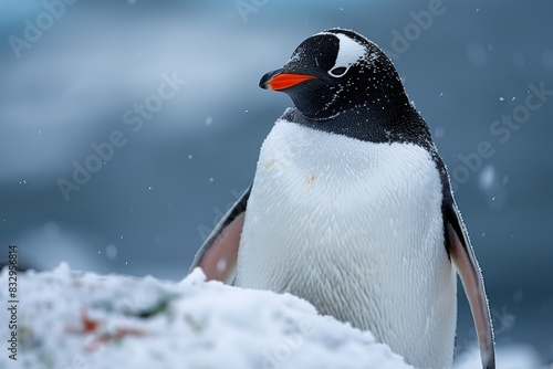 A lone penguin stands majestically on a snow-covered landscape  with snowflakes gently falling around it  showcasing the beauty and serenity of the Antarctic environment