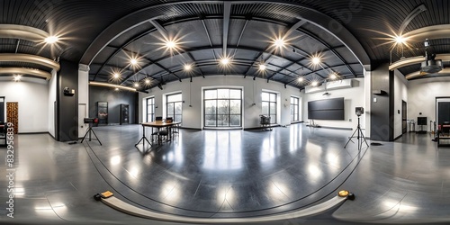 360 degree full panorama black minimalistic studio environment with bright lights and reflections render photo