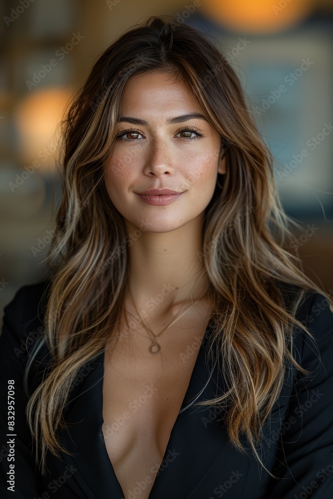 A natural and professional portrait of a young woman with long, wavy brown hair, wearing a black blazer in an indoor setting with soft lighting A natural and professional portrait of a young woman with long, wavy brown hair, wearing a black blazer in an indoor setting with soft lighting