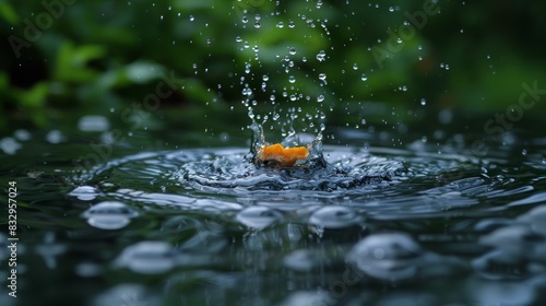 A mesmerizing close-up of a splash as a small orange object hits the water surface, capturing droplets and ripples against a lush green background photo