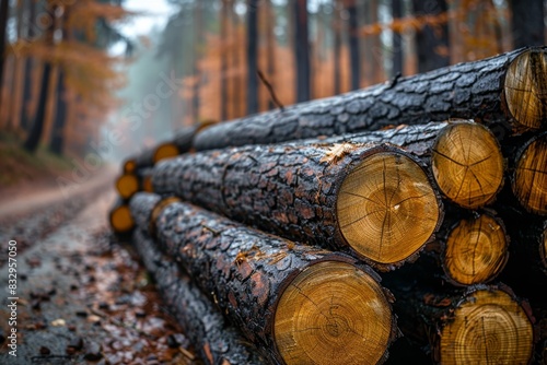 A misty autumn forest path with freshly cut timber logs neatly stacked along one side  showcasing the beauty and tranquility of the natural woodland environment