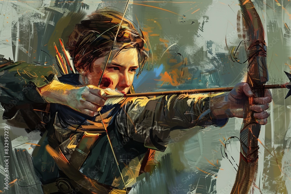 Painting of an archer with a bow and arrow aiming at a target. Stock ...