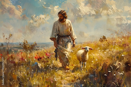 Painting of Jesus Christ walking with a lamb in the meadow.  photo