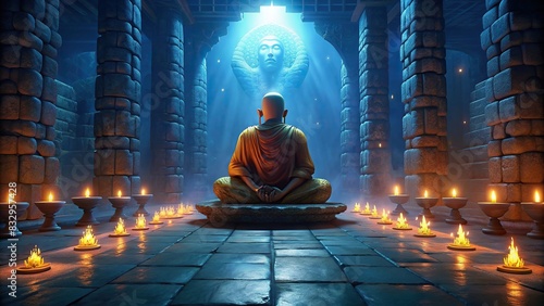 Faceless Tibetan monk meditating in a sacred temple photo
