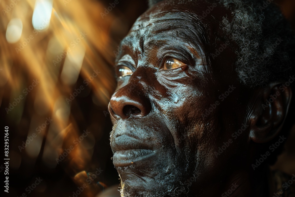 Old african man praise God in church.