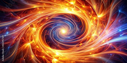 An abstract and dynamic stock photo of swirling energy vortex with flames, glowing lights, and fractal patterns