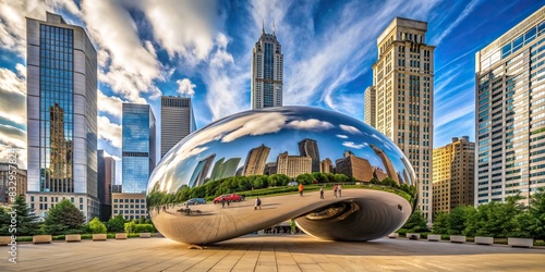 Reflection of Cloud Gate sculpture with modern highrise buildings in background photo