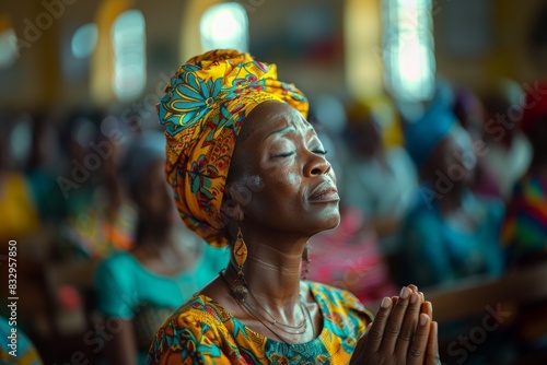 Old african woman praise God in church.