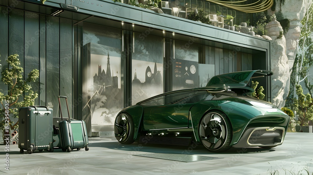 Fototapeta premium a green car with luggage ready for summer holidays in 3D rendering