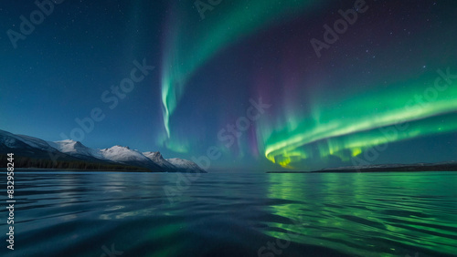 aurora borealis over north sea and arctic snowy mountains  starry night  beautiful calm nature background.