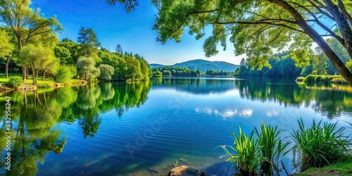 Tranquil lakeside view with serene water  lush greenery  and a clear blue sky