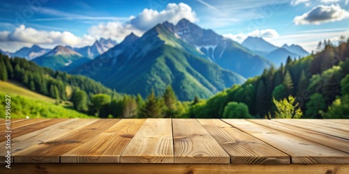 Empty wooden table for product display with blurred mountains background photo