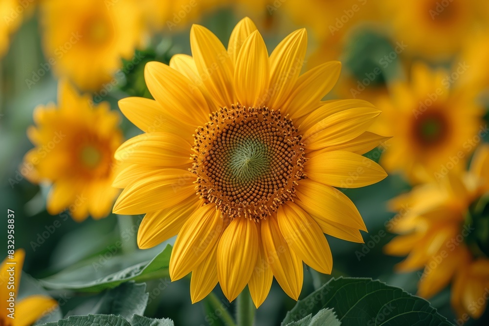 Fototapeta premium A vibrant close-up photograph capturing the intricate details and vivid colors of a sunflower in full bloom amidst a field of sunflowers