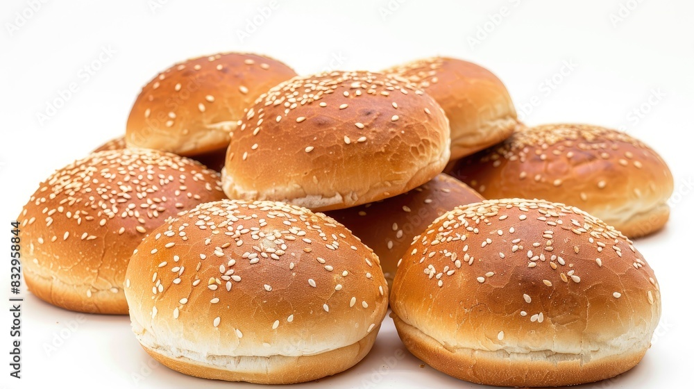 Fresh hamburger buns arranged in a stack against a white background Fresh hamburger buns arranged in a stack against a white background