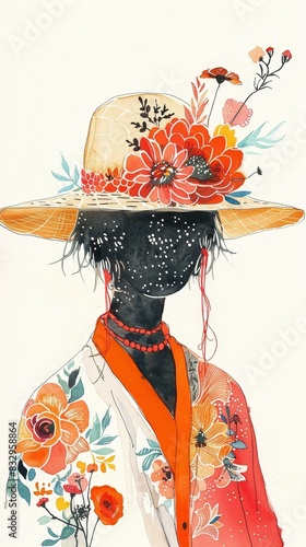 Abstract artwork of a figure wearing a straw hat adorned with flowers and a floral robe. The figure's face is covered with dots.