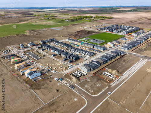 New home construction aerial shot with residential roads overlooking Rocky View County  in Airdrie Alberta Canada