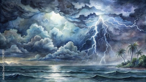 Tropical storm with dangerous lightning strikes on cloudy sky and stormy sea, watercolor