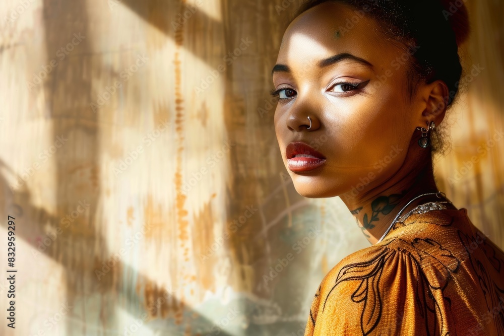 A young woman with a focused expression and intricate tattoos stands in natural sunlight, wearing a detailed, patterned outfit, creating an artistic and soulful image highlighting her personality and A young woman with a focused expression and intricate tattoos stands in natural sunlight, wearing a detailed, patterned outfit, creating an artistic and soulful image highlighting her personality and