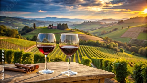 Two glasses of red wine on a table outdoors, overlooking a scenic Tuscan landscape photo