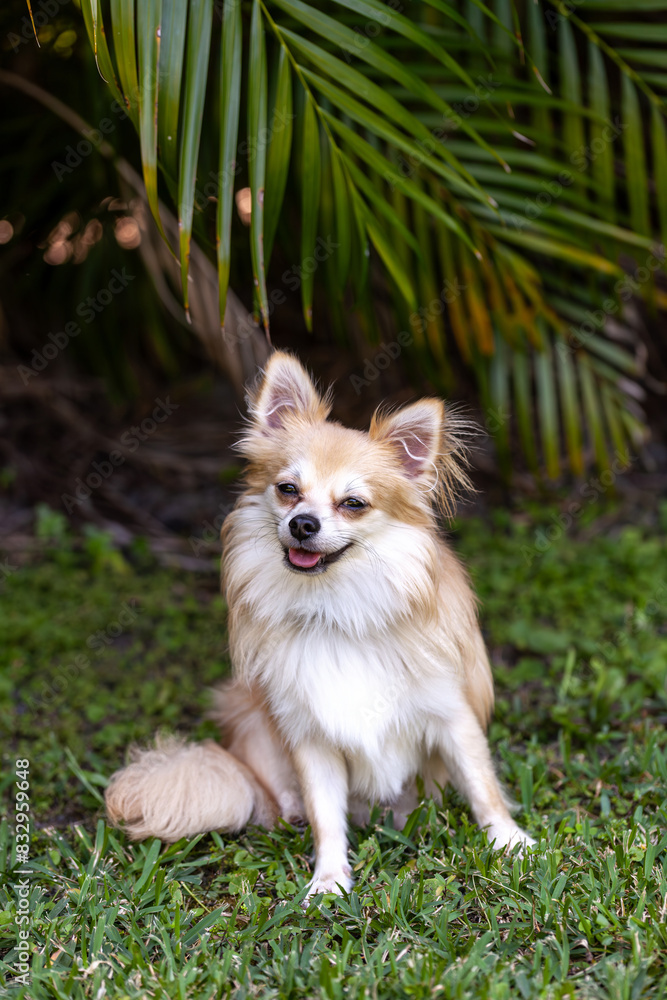 Fototapeta premium Pomeranian Chihuahua dog sits and smiles in a tropical yard