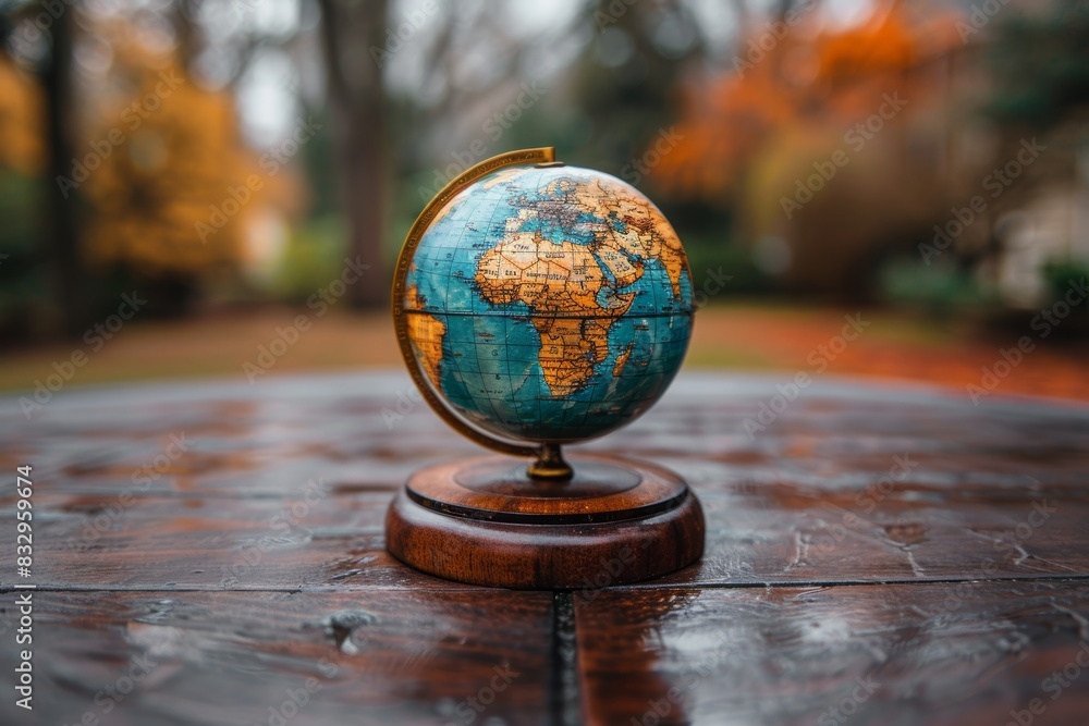 An antique globe sits on a polished wooden table outdoors with a beautiful fall background, depicting vibrant colors and a tranquil atmosphere An antique globe sits on a polished wooden table outdoors with a beautiful fall background, depicting vibrant colors and a tranquil atmosphere