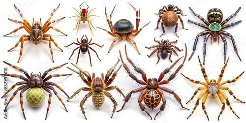 A set of diverse spiders isolated on a background photo