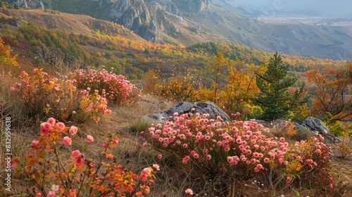 Autumn scene featuring dog rose shrubs on Ai Petri mountain plateau in Crimean peninsula photo