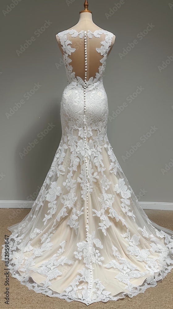 An elegant and exquisite backless white lace wedding gown with intricate floral detailing and a long, flowing train perfect for a memorable bridal celebration An elegant and exquisite backless white lace wedding gown with intricate floral detailing and a long, flowing train perfect for a memorable bridal celebration