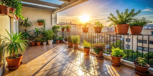 Empty balcony or roof terrace with potted plants and soft sunlight creating gentle shadows photo