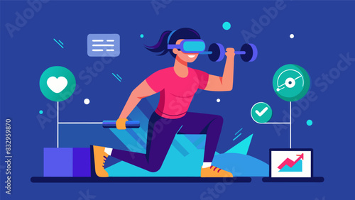 A VR fitness game that combines cardio and strength exercises with gamified challenges and rewards for an engaging workout experience.. Vector illustration