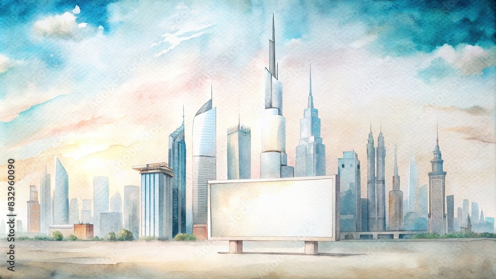 Empty white advertising billboard in Dubai skyline with modern skyscrapers in the background
