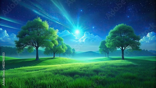 Idyllic green field landscape with trees under a glowing blue sky