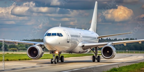 White airliner on taxiway ready for takeoff photo