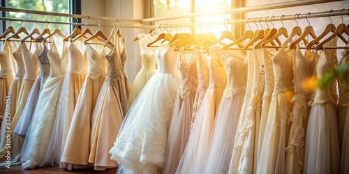 Beautiful assortment of wedding gowns on hangers in a boutique shop with soft sunlight filtering in
