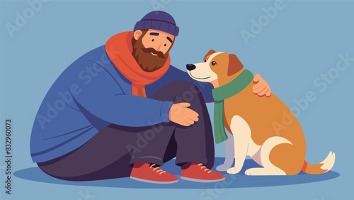 A therapy dog snuggles up to a homeless person in a shelter providing both emotional and physical warmth.. Vector illustration
