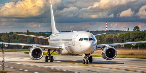 White airliner on taxiway ready for takeoff photo