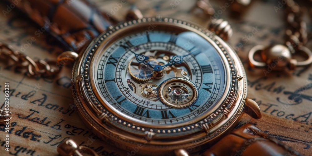 Antique gold pocket watch with intricate mechanical gears and Roman numeral face, placed on vintage handwritten documents displaying elegant calligraphy