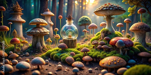 Enchanting scene of a captivating landscape adorned with mushrooms, stones, poison bottles, and snails photo