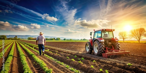 A farmer cultivates soil in a sunny field during spring sowing campaign photo
