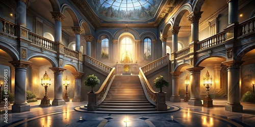 Luxurious double staircase in grand palatial interior with marble flooring and ornate details bathed in natural sunlight